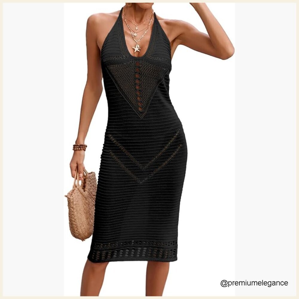 Crochet Halter Midi Dress Backless Beach Cover Up Slim Fit Polyester